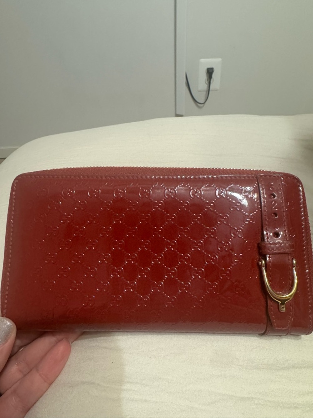 Gucci Embossed Patent Leather Wallet in Deep Red with Gold Horsebit Buckle